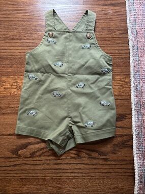 Olive Green Baby Shortalls with Embroidered Cars